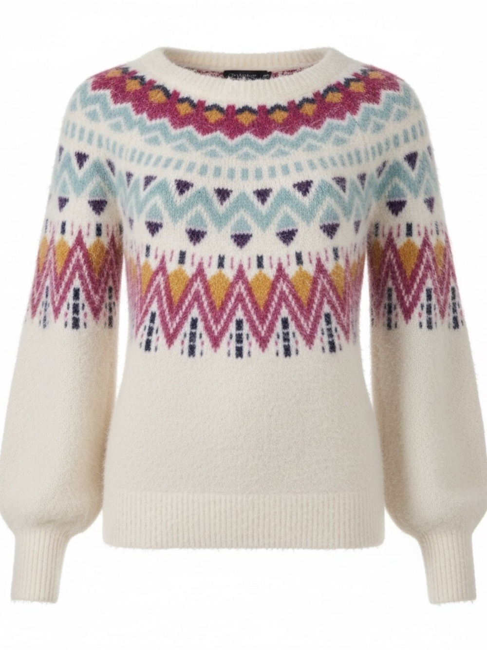 Cream Fair Isle Crewneck Sweater with Multicolor Pattern